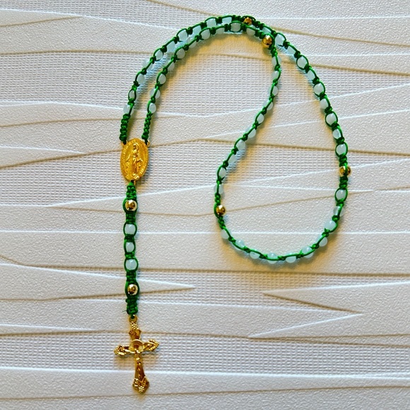 Handmade Green and Gold Rosary with White Jade Beads - Picture 2 of 2